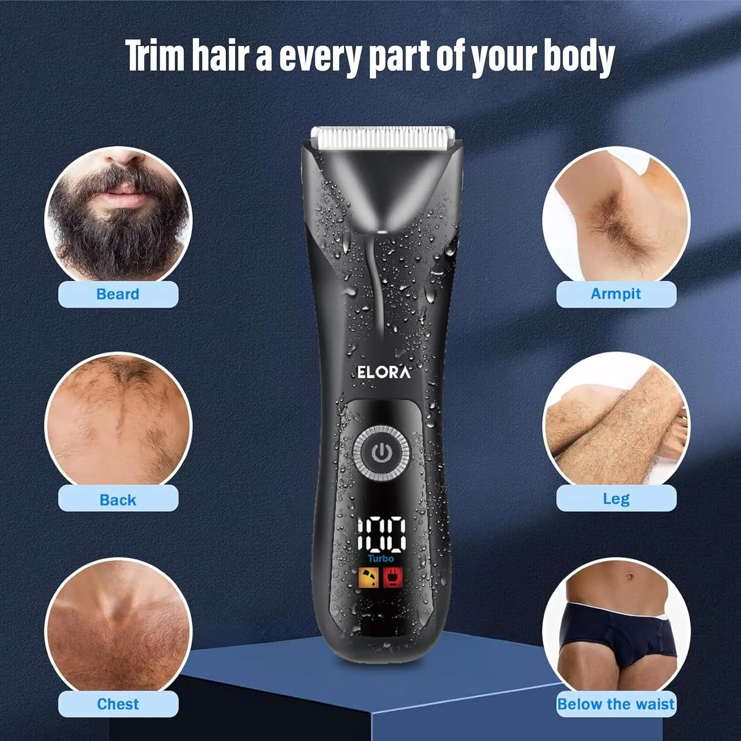 The ELORA body hair trimmer for men features skin-safe ceramic blades, a digital LED display, and is cordless and USB rechargeable for full body grooming, including beard, chest, and groin hair.