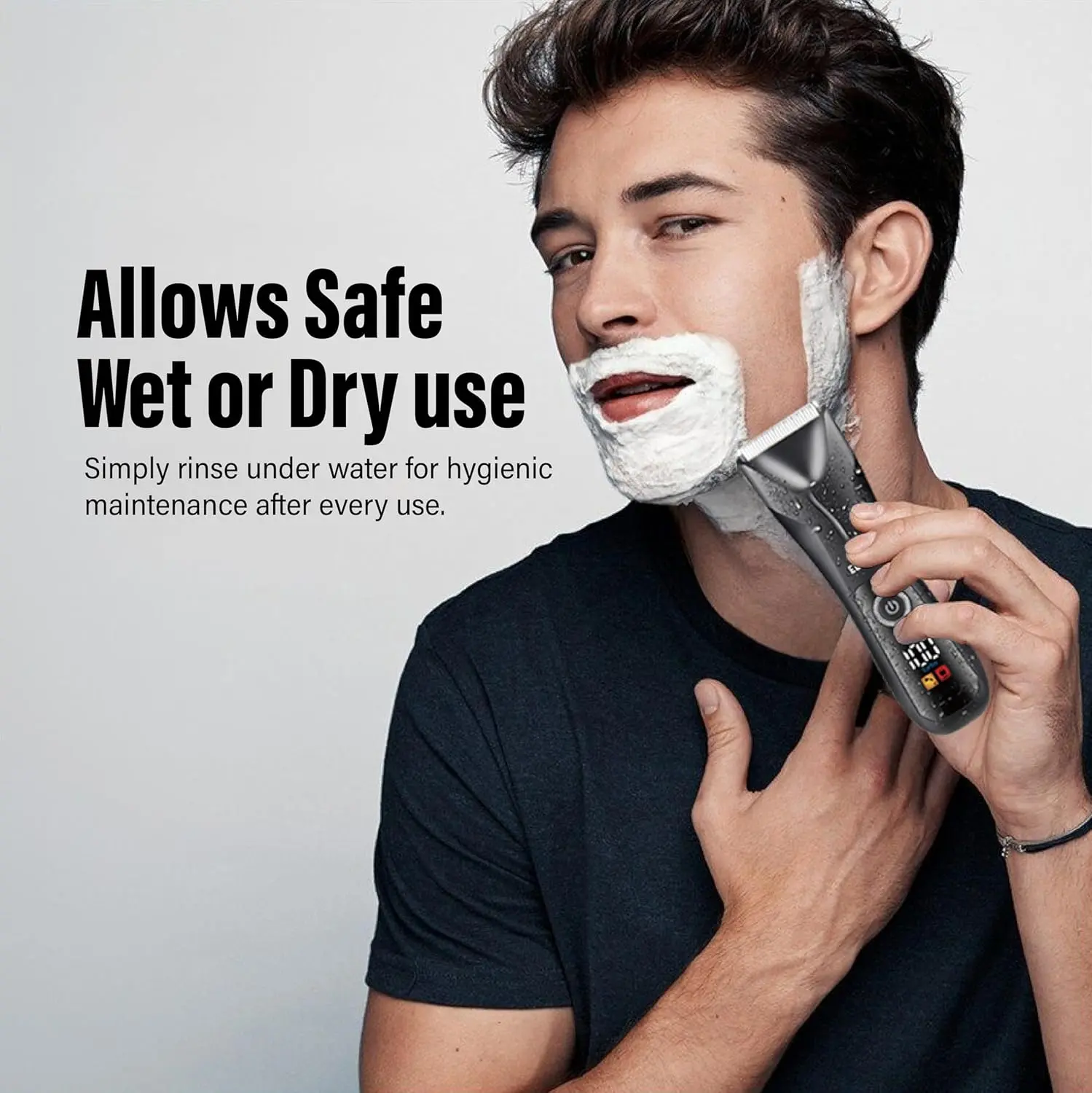 The ELORA body hair trimmer for men features skin-safe ceramic blades, a digital LED display, and is cordless and USB rechargeable for full body grooming, including beard, chest, and groin hair.