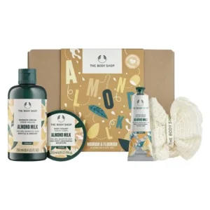 The Body Shop Almond Milk and Honey gift set for sensitive skin includes shower cream, body yogurt, hand balm and a soft sponge, all vegan and cruelty-free.