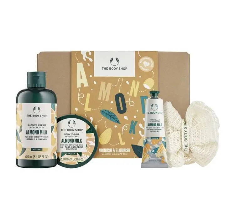 The Body Shop Almond Milk and Honey gift set for sensitive skin includes shower cream, body yogurt, hand balm and a soft sponge, all vegan and cruelty-free.