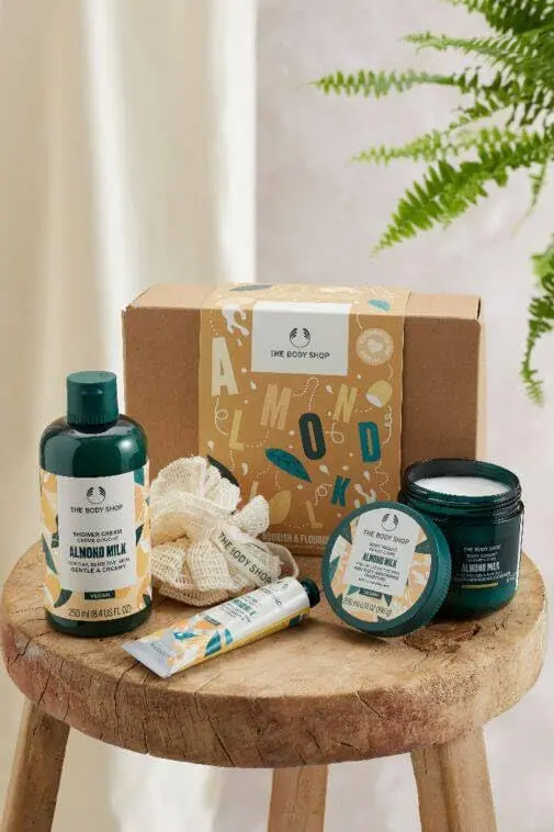 The Body Shop Almond Milk and Honey gift set for sensitive skin includes shower cream, body yogurt, hand balm and a soft sponge, all vegan and cruelty-free.
