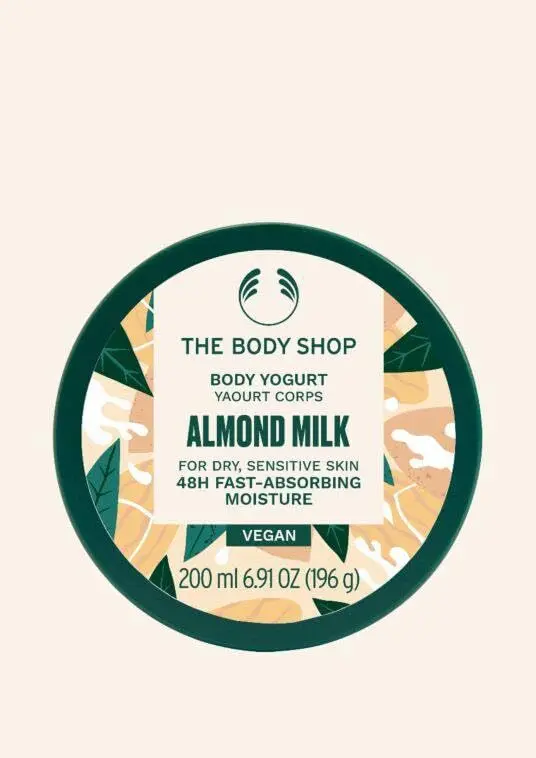 The Body Shop Almond Milk and Honey gift set for sensitive skin includes shower cream, body yogurt, hand balm and a soft sponge, all vegan and cruelty-free.