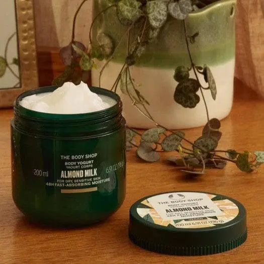 The Body Shop Almond Milk and Honey gift set for sensitive skin includes shower cream, body yogurt, hand balm and a soft sponge, all vegan and cruelty-free.