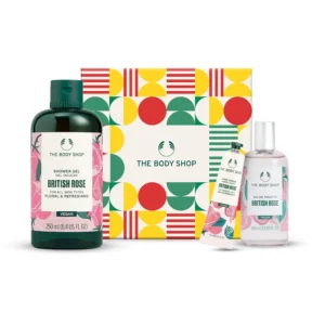 This image shows The Body Shop British Rose Lather & Slather gift set, containing three rose-scented bath and body products.