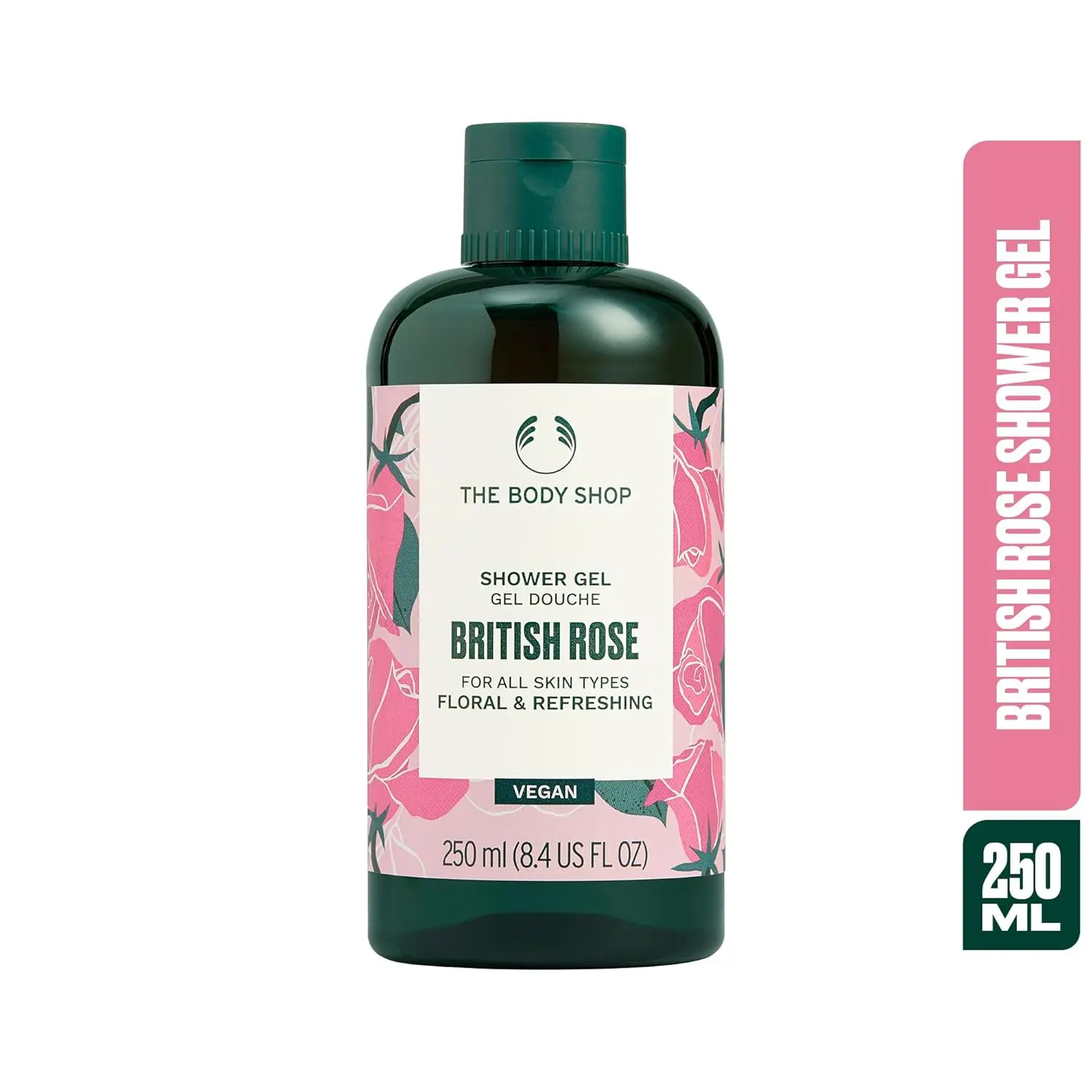 This image shows The Body Shop British Rose Lather & Slather gift set, containing three rose-scented bath and body products.