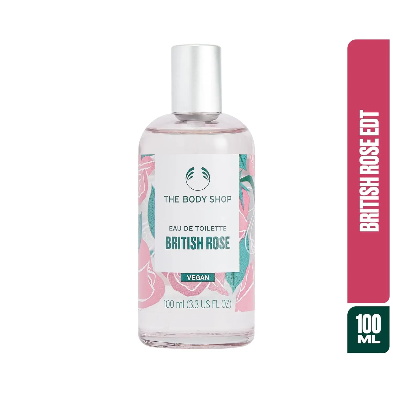 This image shows The Body Shop British Rose Lather & Slather gift set, containing three rose-scented bath and body products.