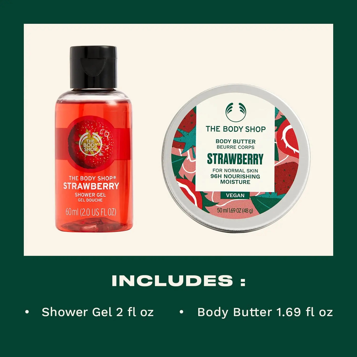 This Body Shop Jolly & Juicy Strawberry Treats Gift Set includes a fruity strawberry scented shower gel and body butter, made with natural origin ingredients and Community Fair Trade shea butter, perfect for gifting.