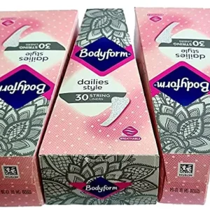 A pack of three Bodyform Dailies Style String Liners, with each box containing 30 breathable panty liners for daily use, totaling 90 liners.