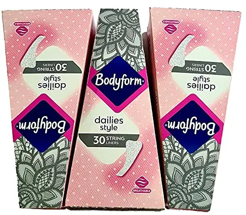 A pack of three Bodyform Dailies Style String Liners, with each box containing 30 breathable panty liners for daily use, totaling 90 liners.