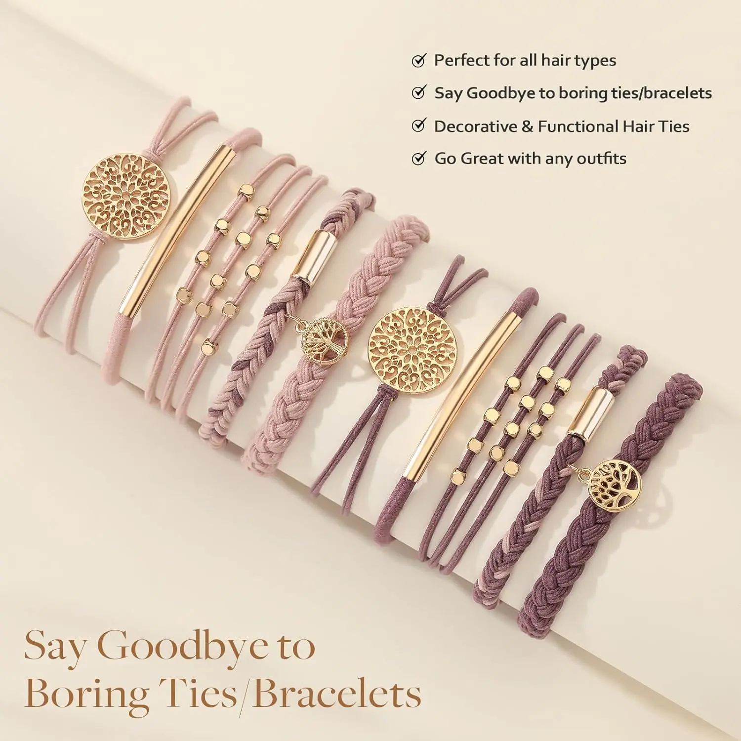 A set of ten pink boho hair tie bracelets with five different braided styles, designed to be gentle on hair and worn as stylish wrist accessories.