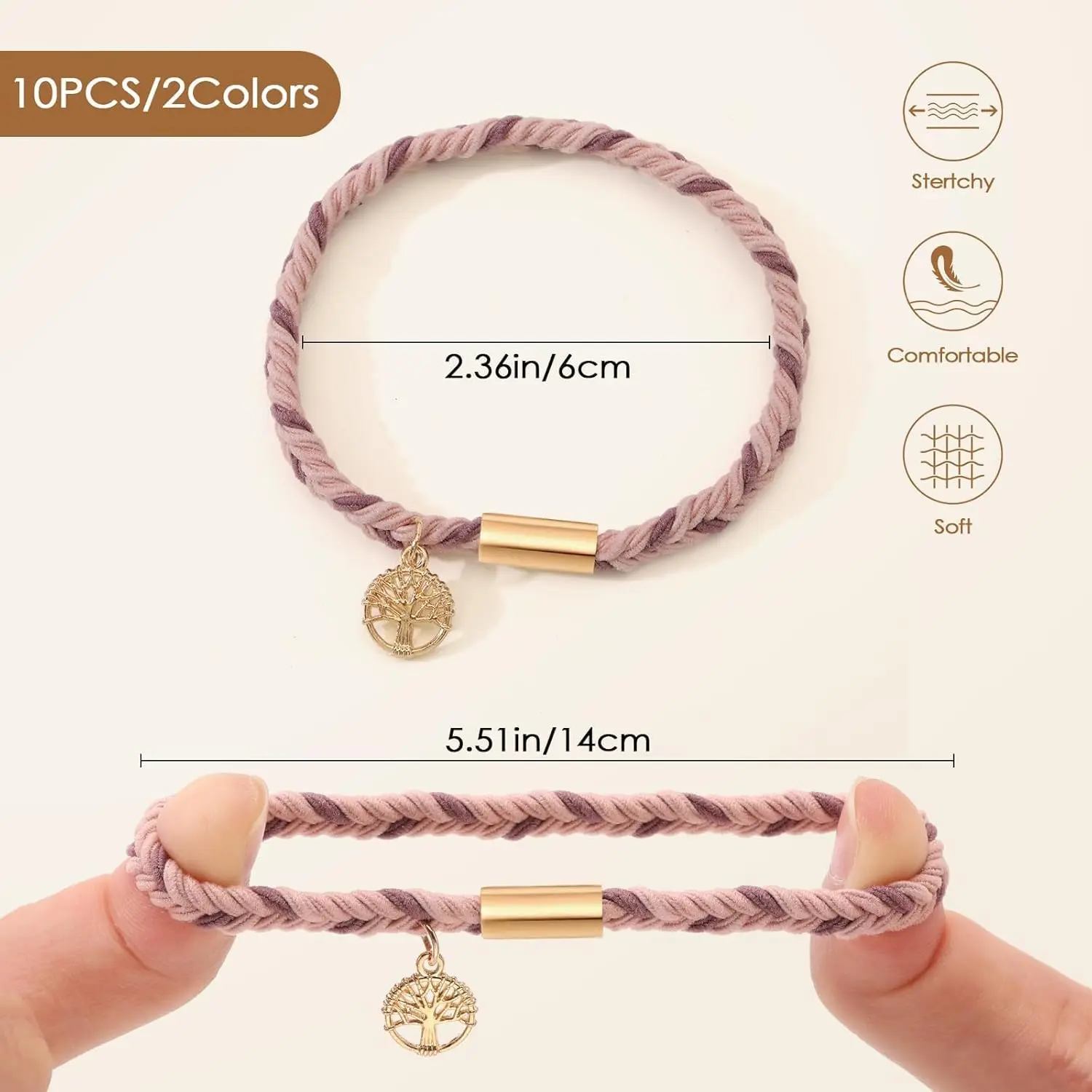 A set of ten pink boho hair tie bracelets with five different braided styles, designed to be gentle on hair and worn as stylish wrist accessories.