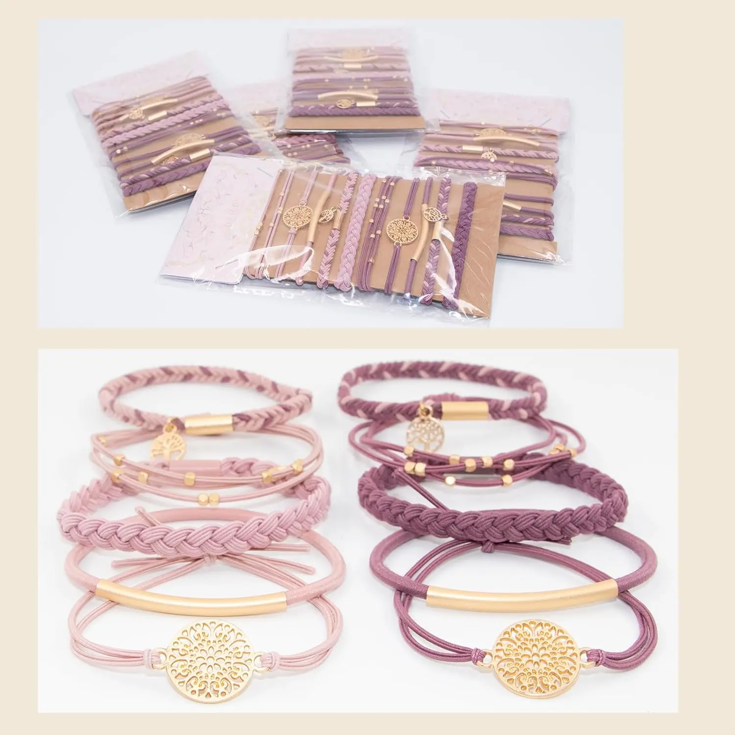 A set of ten pink boho hair tie bracelets with five different braided styles, designed to be gentle on hair and worn as stylish wrist accessories.