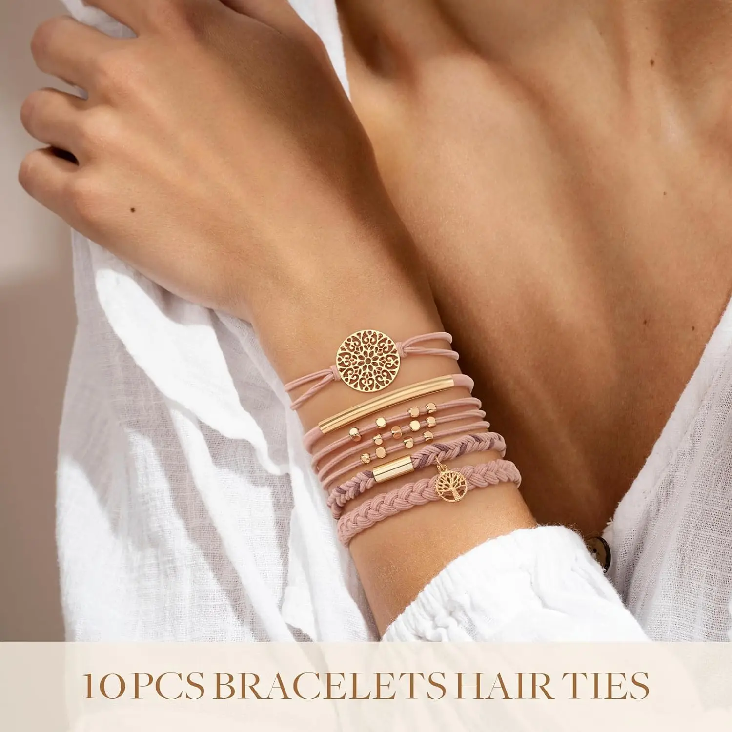 A set of ten pink boho hair tie bracelets with five different braided styles, designed to be gentle on hair and worn as stylish wrist accessories.