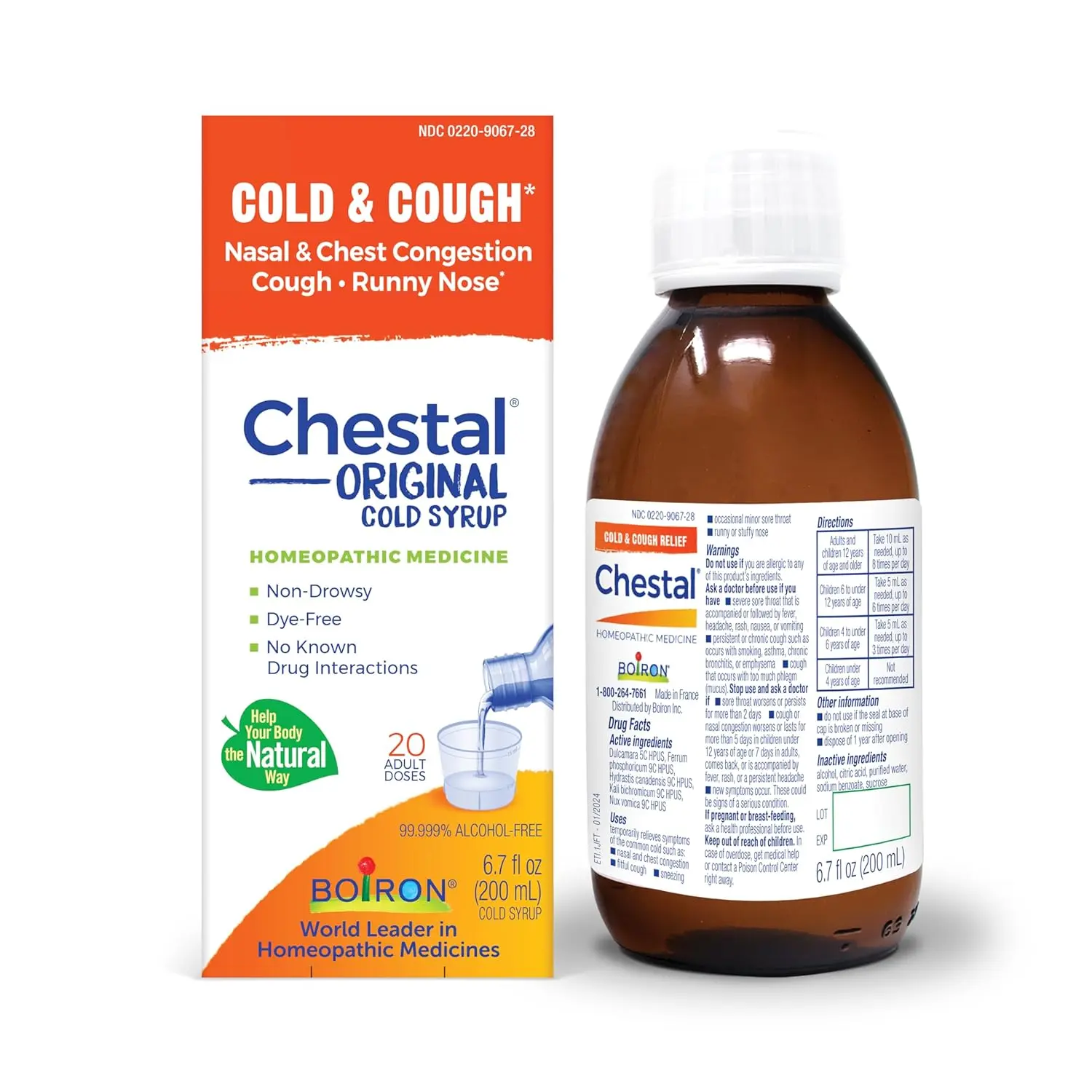 Boiron Adult's Chestal cough syrup provides relief from cold and cough symptoms in a 6.7 fluid ounce bottle.