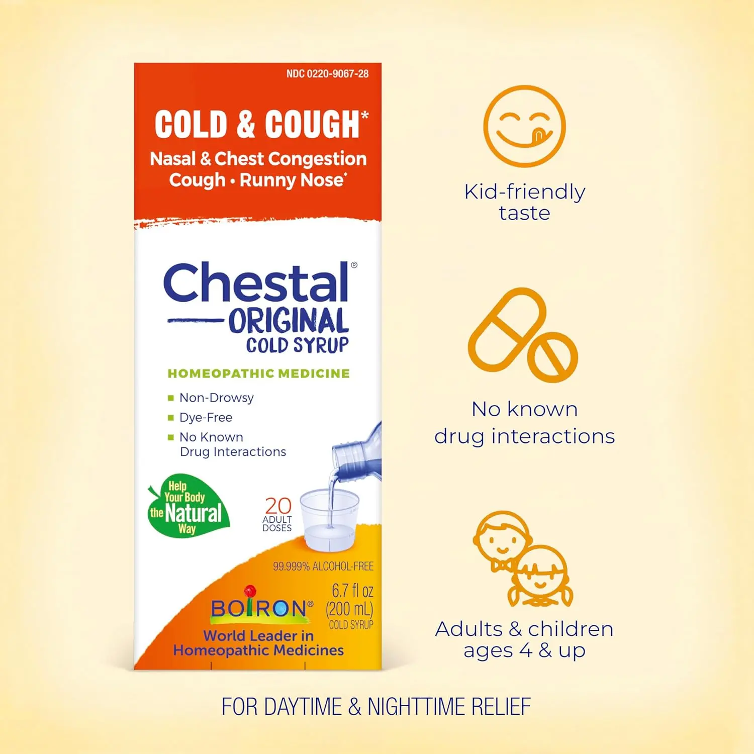 Boiron Adult's Chestal cough syrup provides relief from cold and cough symptoms in a 6.7 fluid ounce bottle.