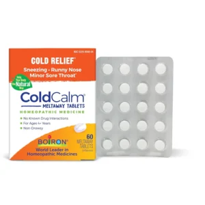 A box of Boiron Coldcalm homeopathic medicine provides relief from cold symptoms like sneezing, runny nose, and sore throat for adults and children ages 3 and up.