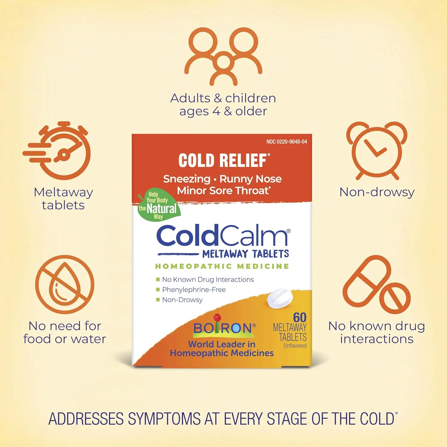A box of Boiron Coldcalm homeopathic medicine provides relief from cold symptoms like sneezing, runny nose, and sore throat for adults and children ages 3 and up.
