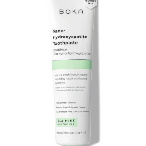 Boka Ela Mint Nano Hydroxyapatite Toothpaste promotes whole body health with a non-toxic, biocompatible, fluoride-free, and vegan formula that is safe for adults and kids with sensitive teeth.