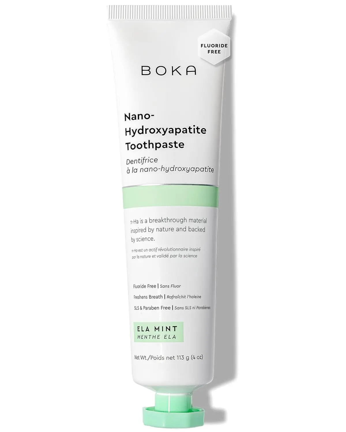 Boka Ela Mint Nano Hydroxyapatite Toothpaste promotes whole body health with a non-toxic, biocompatible, fluoride-free, and vegan formula that is safe for adults and kids with sensitive teeth.