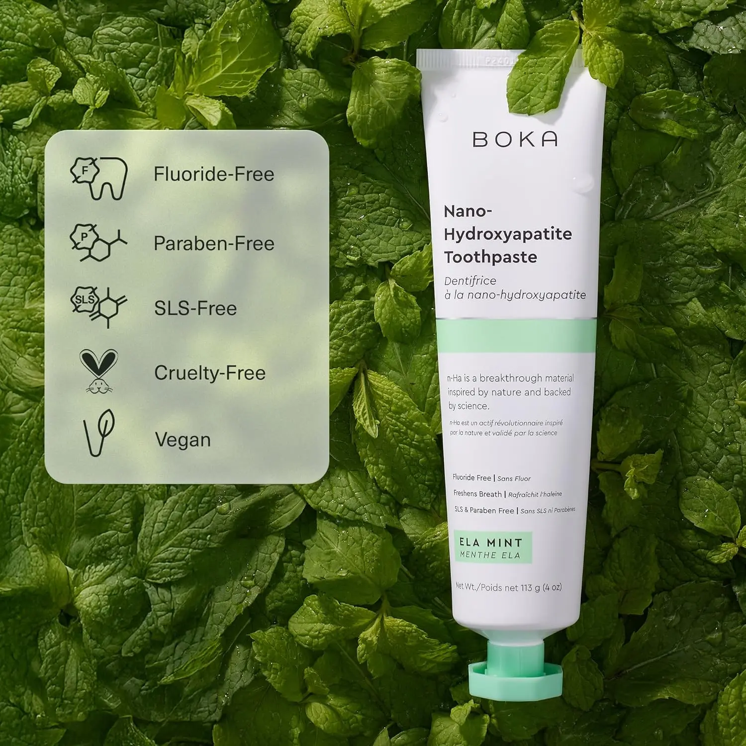 Boka Ela Mint Nano Hydroxyapatite Toothpaste promotes whole body health with a non-toxic, biocompatible, fluoride-free, and vegan formula that is safe for adults and kids with sensitive teeth.