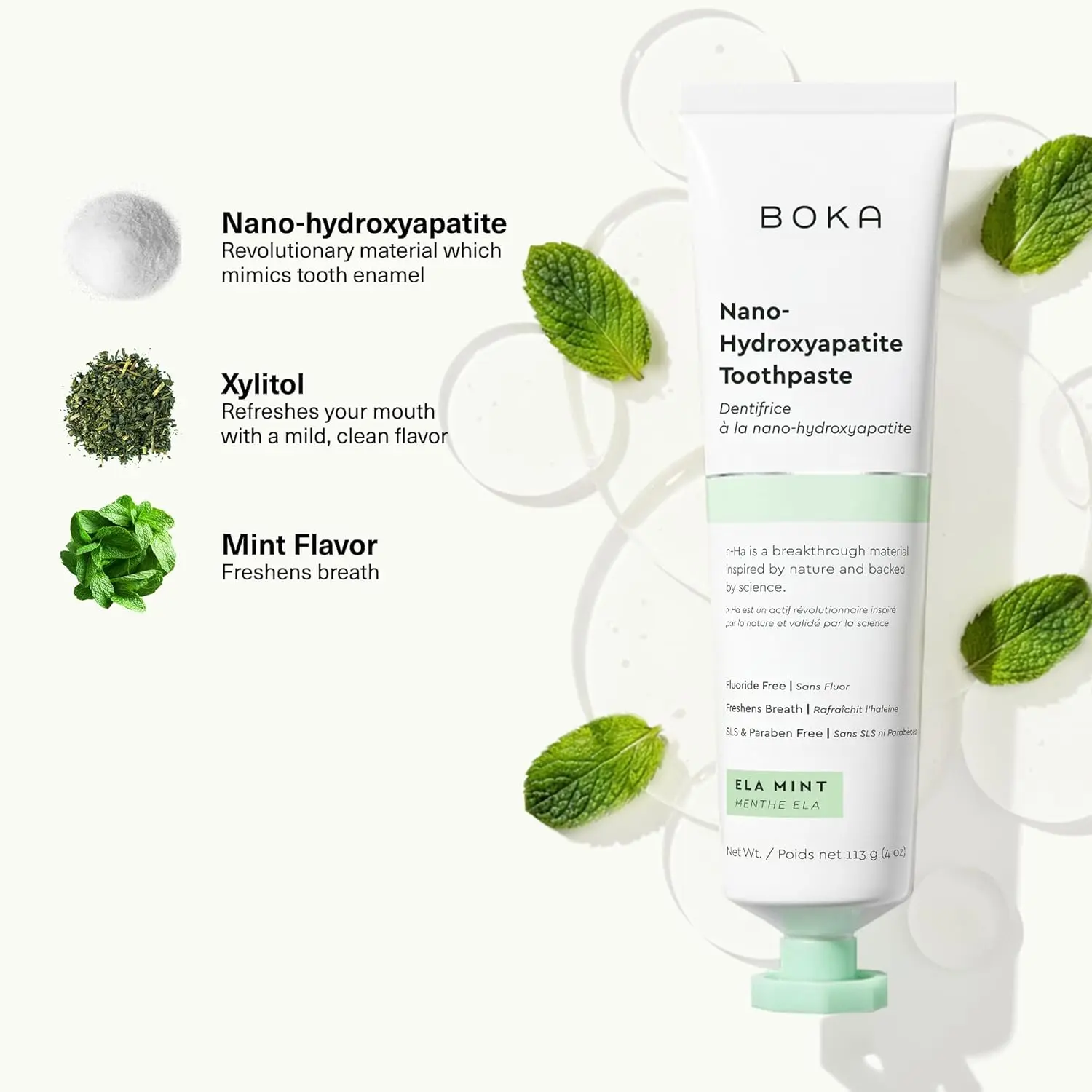 Boka Ela Mint Nano Hydroxyapatite Toothpaste promotes whole body health with a non-toxic, biocompatible, fluoride-free, and vegan formula that is safe for adults and kids with sensitive teeth.