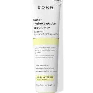 Boka Lemon Lavender natural toothpaste uses nano-hydroxyapatite to remineralize teeth, reduce sensitivity, and gently whiten enamel without fluoride.