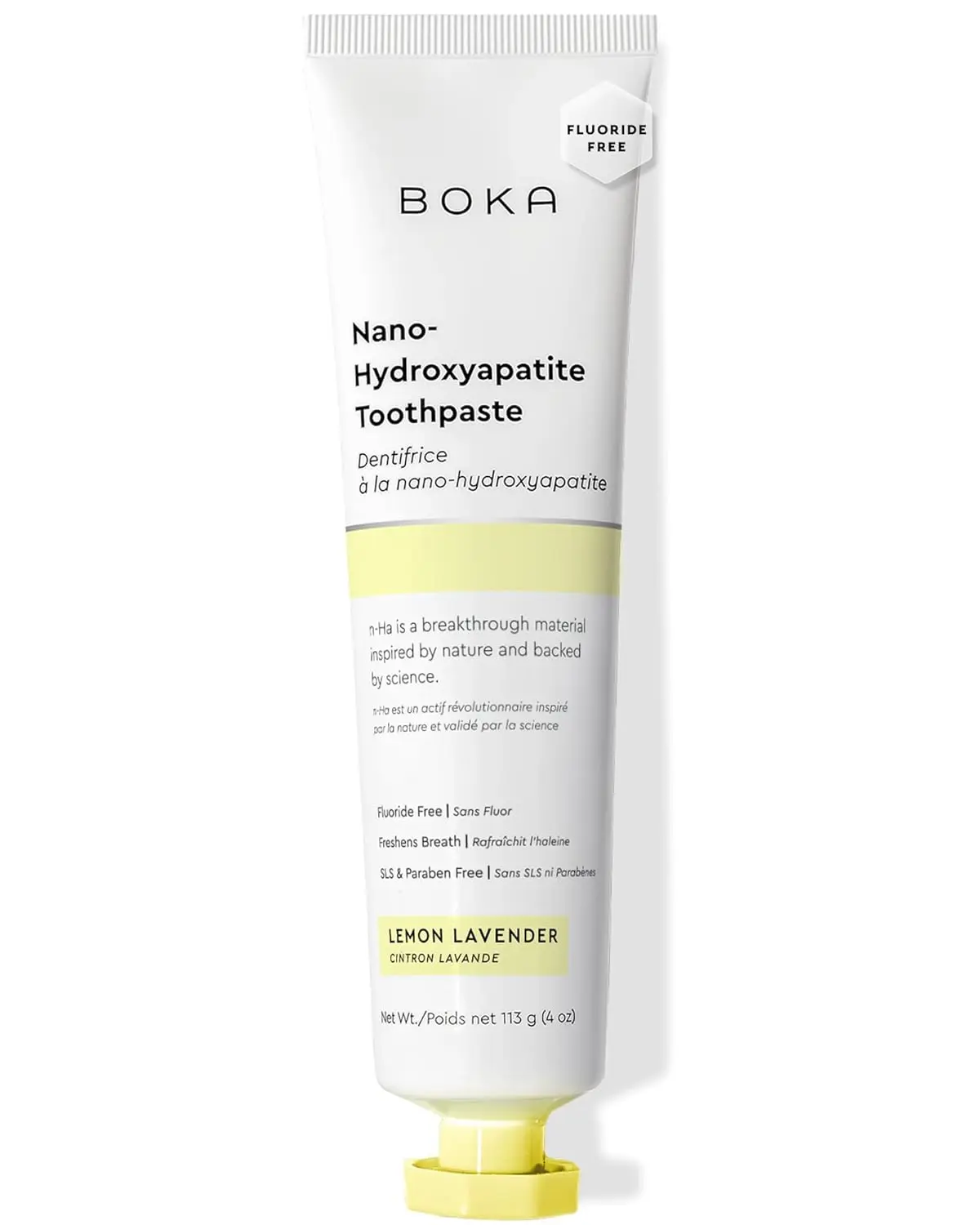 Boka Lemon Lavender natural toothpaste uses nano-hydroxyapatite to remineralize teeth, reduce sensitivity, and gently whiten enamel without fluoride.
