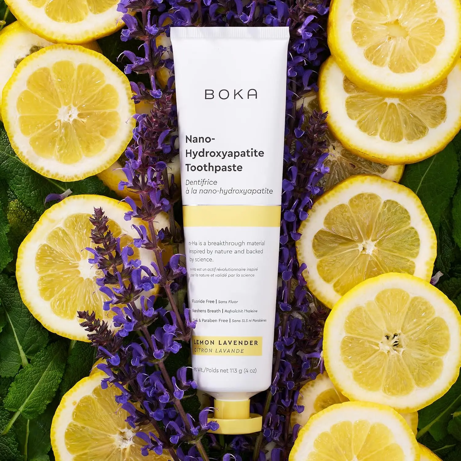 Boka Lemon Lavender natural toothpaste uses nano-hydroxyapatite to remineralize teeth, reduce sensitivity, and gently whiten enamel without fluoride.
