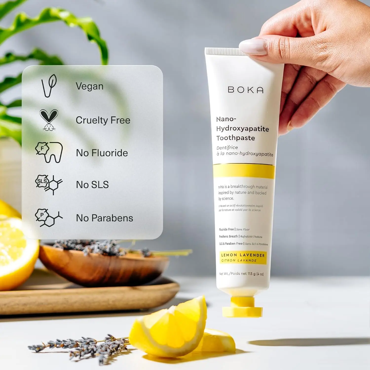 Boka Lemon Lavender natural toothpaste uses nano-hydroxyapatite to remineralize teeth, reduce sensitivity, and gently whiten enamel without fluoride.