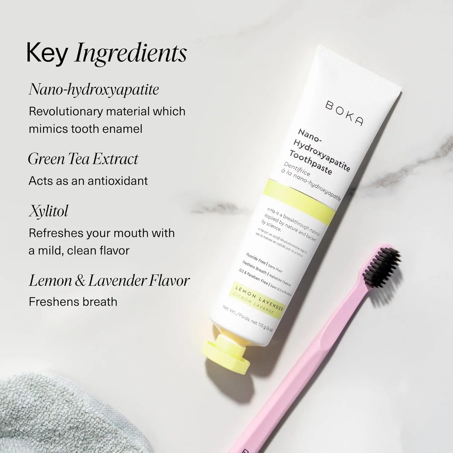 Boka Lemon Lavender natural toothpaste uses nano-hydroxyapatite to remineralize teeth, reduce sensitivity, and gently whiten enamel without fluoride.