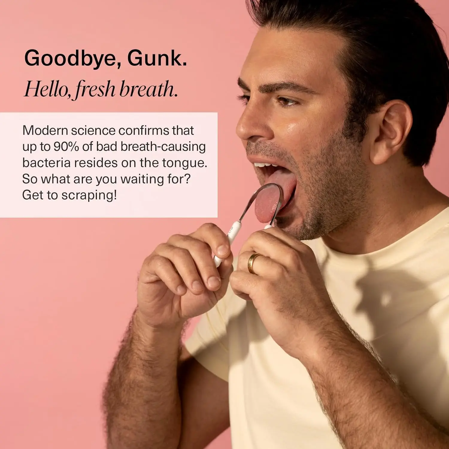 This stainless steel Boka tongue scraper effectively removes buildup, promoting fresh breath and healthier taste buds with its ergonomic design, and comes with a linen travel pouch.