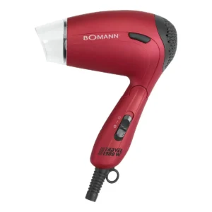 The Bomann travel hairdryer features switchable 110/230 voltage, two temperature settings, and a 360-degree rotating shape nozzle.