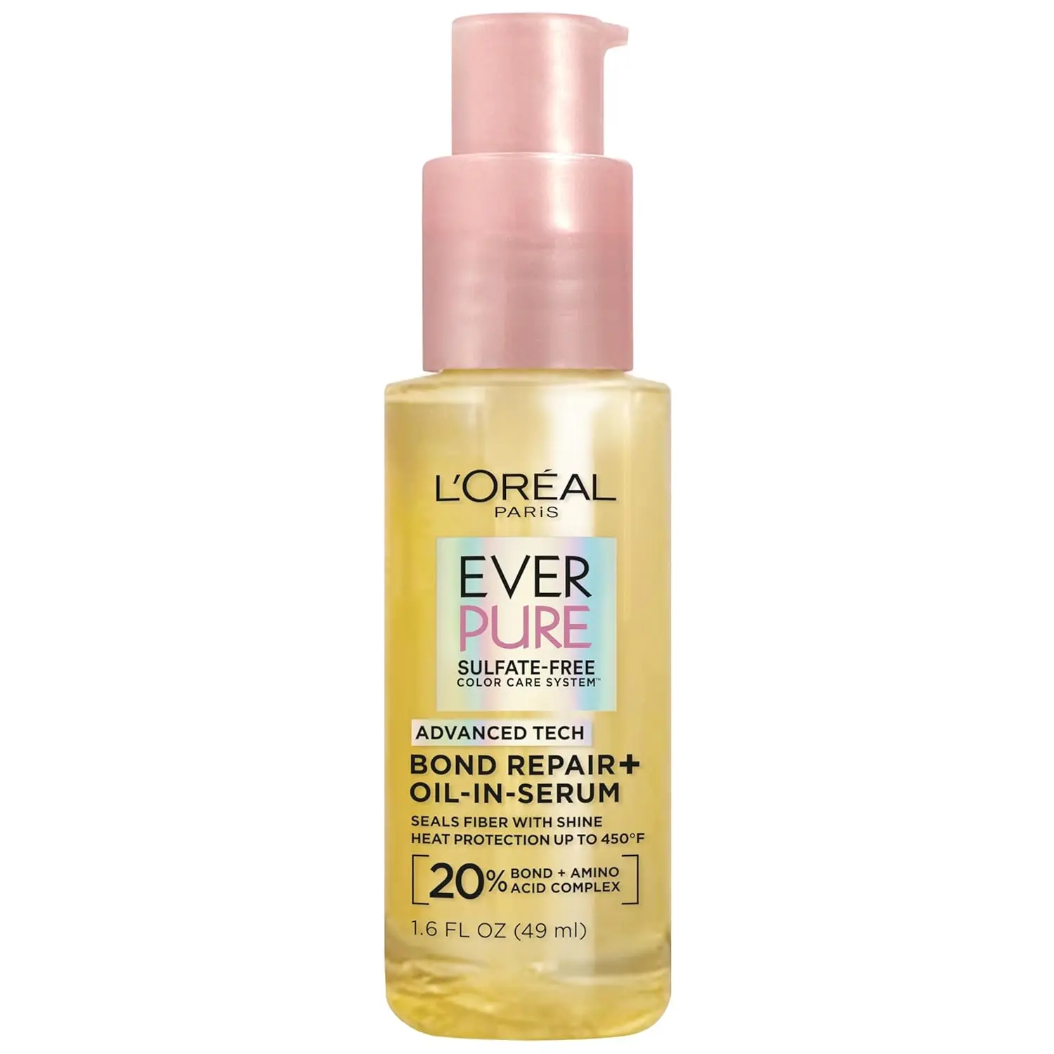 L'Oreal Paris EverPure bond repair oil-in-serum protects damaged, color treated hair from heat while strengthening weak bonds for intense shine and frizz control.