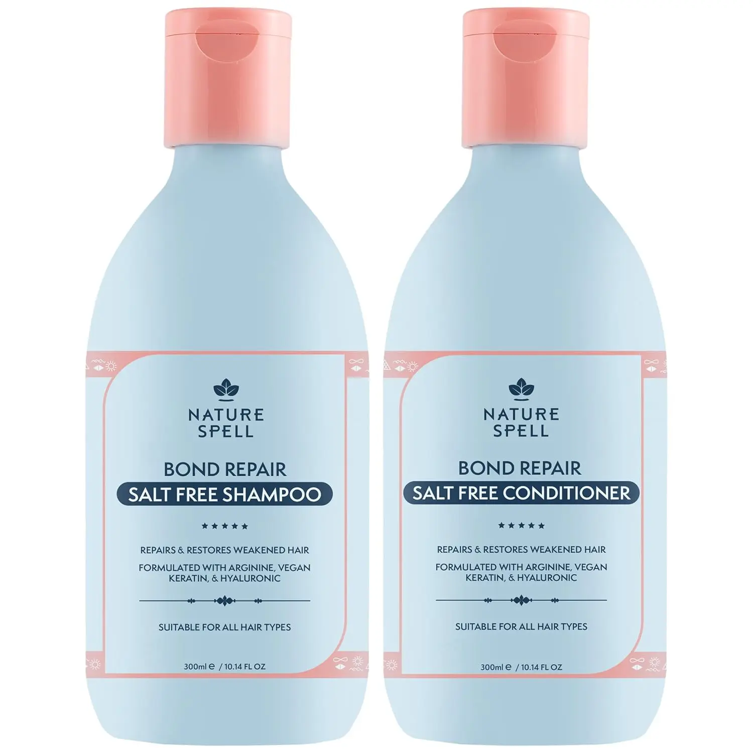 Nature Spell bond repair shampoo and conditioner set, a vegan keratin hair care solution for damaged hair, offering deep cleaning, strengthening, frizz reduction, and improved shine.