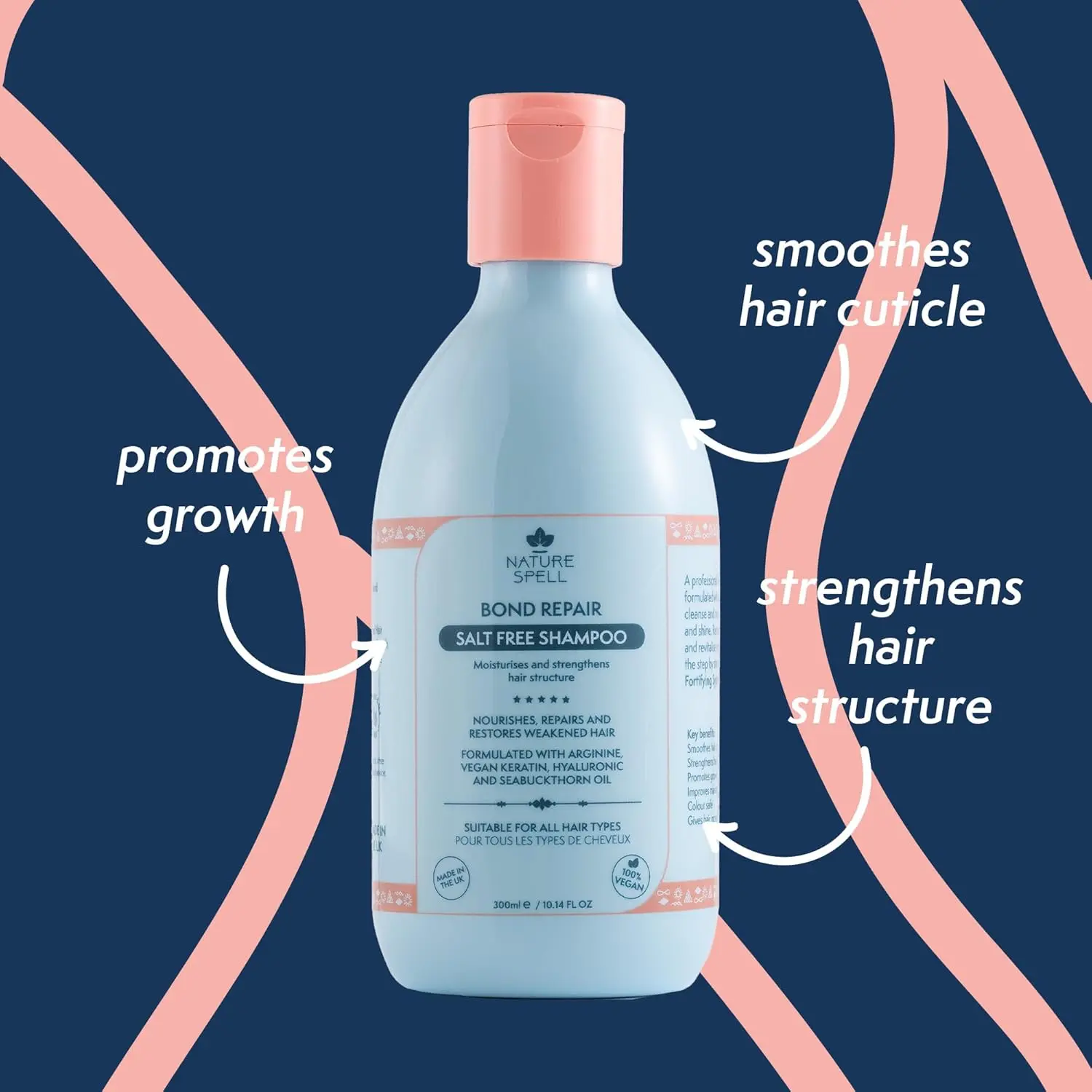 Nature Spell bond repair shampoo and conditioner set, a vegan keratin hair care solution for damaged hair, offering deep cleaning, strengthening, frizz reduction, and improved shine.