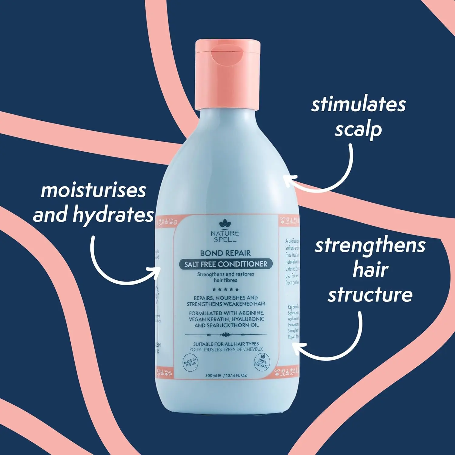 Nature Spell bond repair shampoo and conditioner set, a vegan keratin hair care solution for damaged hair, offering deep cleaning, strengthening, frizz reduction, and improved shine.