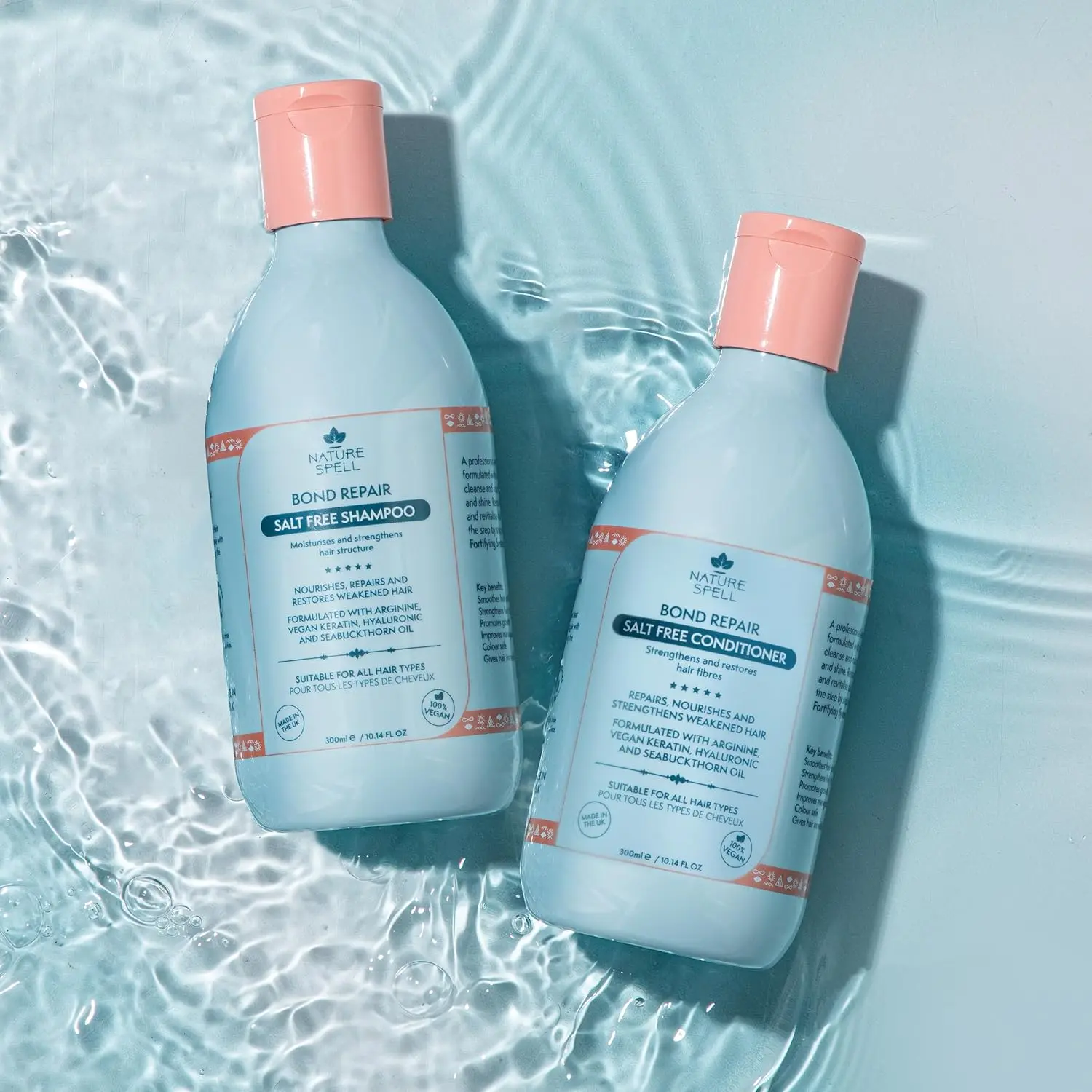 Nature Spell bond repair shampoo and conditioner set, a vegan keratin hair care solution for damaged hair, offering deep cleaning, strengthening, frizz reduction, and improved shine.