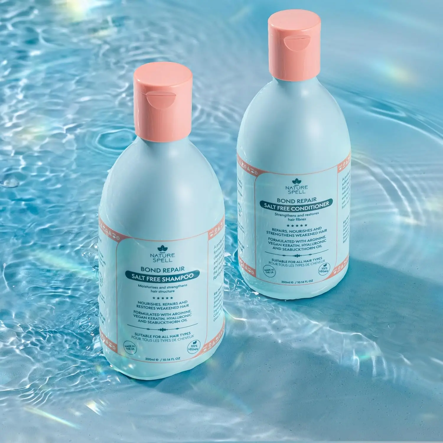 Nature Spell bond repair shampoo and conditioner set, a vegan keratin hair care solution for damaged hair, offering deep cleaning, strengthening, frizz reduction, and improved shine.