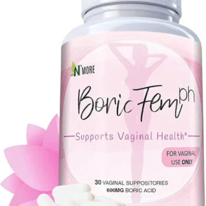 This image shows a bottle of N'More Boric Acid vaginal suppositories with veggie capsules that offer quick and efficient relief of yeast infection symptoms for women.