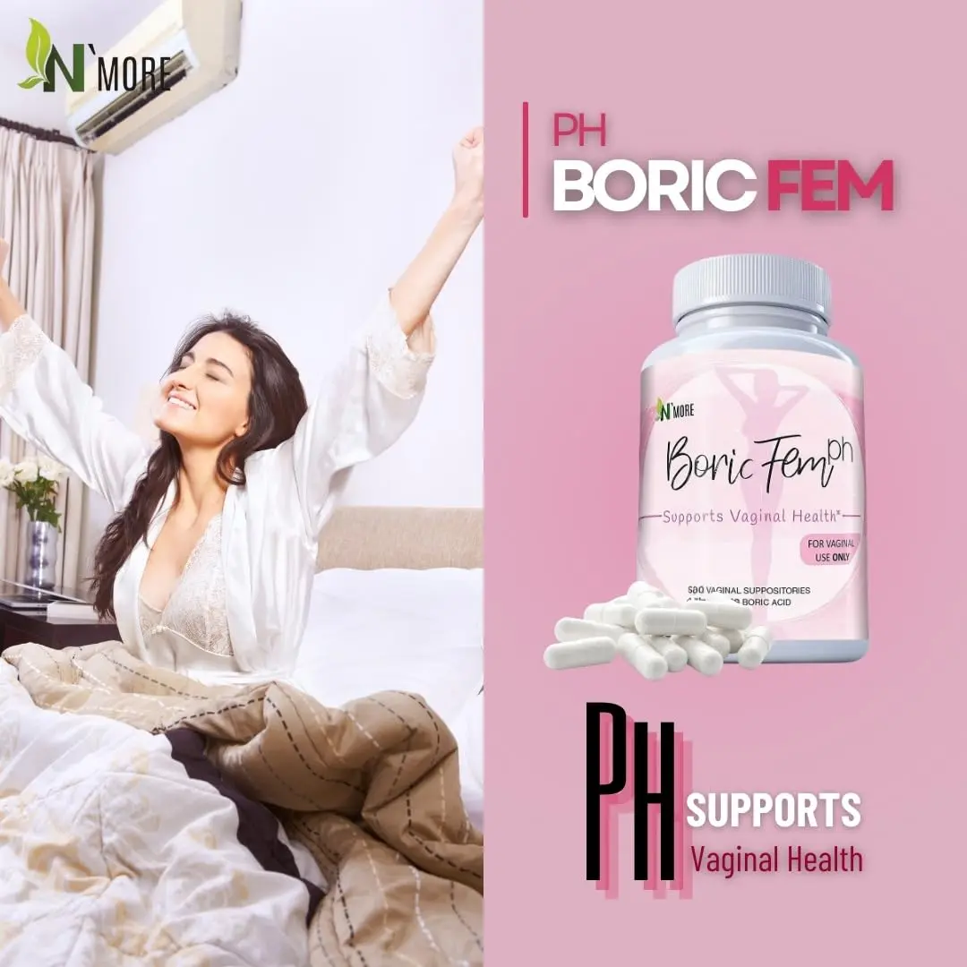 This image shows a bottle of N'More Boric Acid vaginal suppositories with veggie capsules that offer quick and efficient relief of yeast infection symptoms for women.