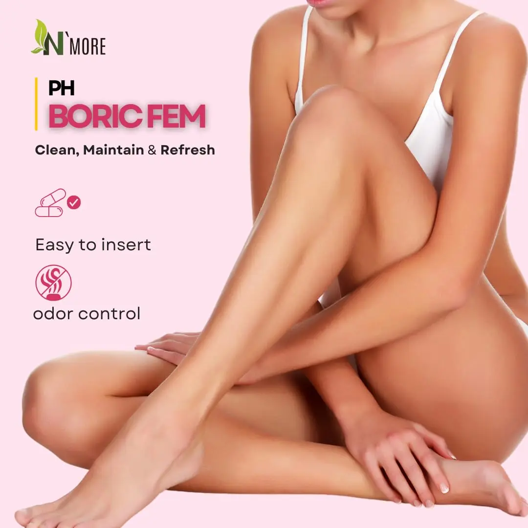 This image shows a bottle of N'More Boric Acid vaginal suppositories with veggie capsules that offer quick and efficient relief of yeast infection symptoms for women.