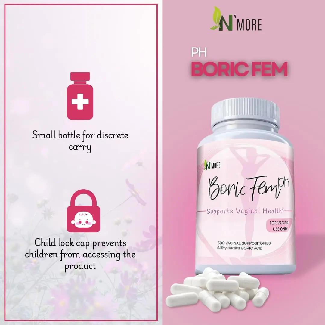 This image shows a bottle of N'More Boric Acid vaginal suppositories with veggie capsules that offer quick and efficient relief of yeast infection symptoms for women.