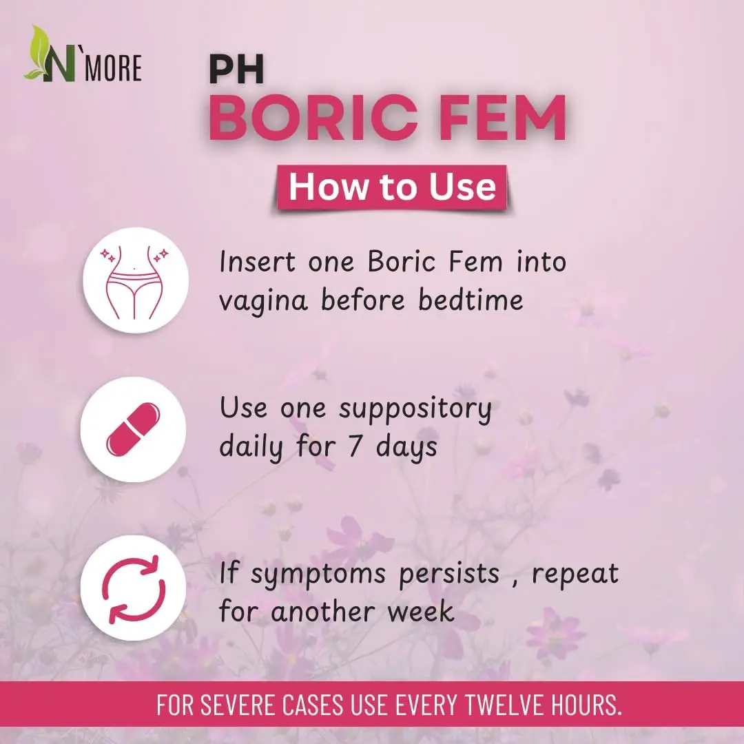This image shows a bottle of N'More Boric Acid vaginal suppositories with veggie capsules that offer quick and efficient relief of yeast infection symptoms for women.