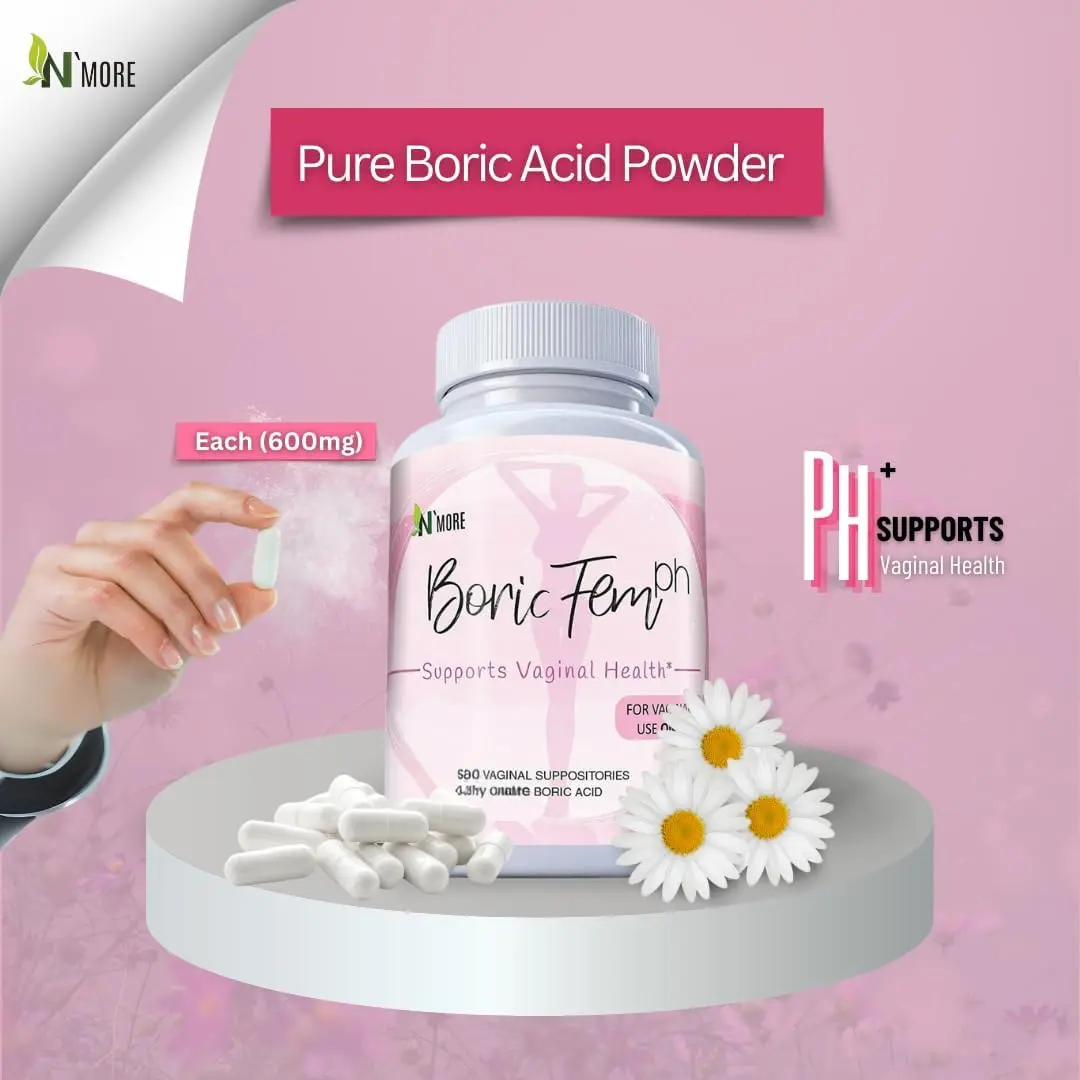 This image shows a bottle of N'More Boric Acid vaginal suppositories with veggie capsules that offer quick and efficient relief of yeast infection symptoms for women.