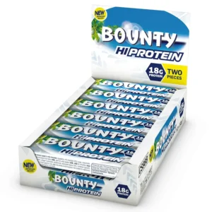 A delicious Bounty Hi Protein Bar featuring milk chocolate and coconut, providing a high-protein energy snack with 18g of protein.