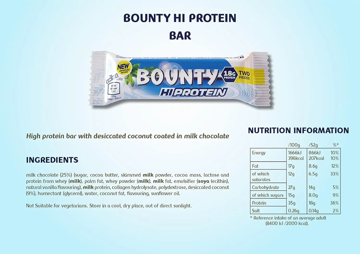 A delicious Bounty Hi Protein Bar featuring milk chocolate and coconut, providing a high-protein energy snack with 18g of protein.