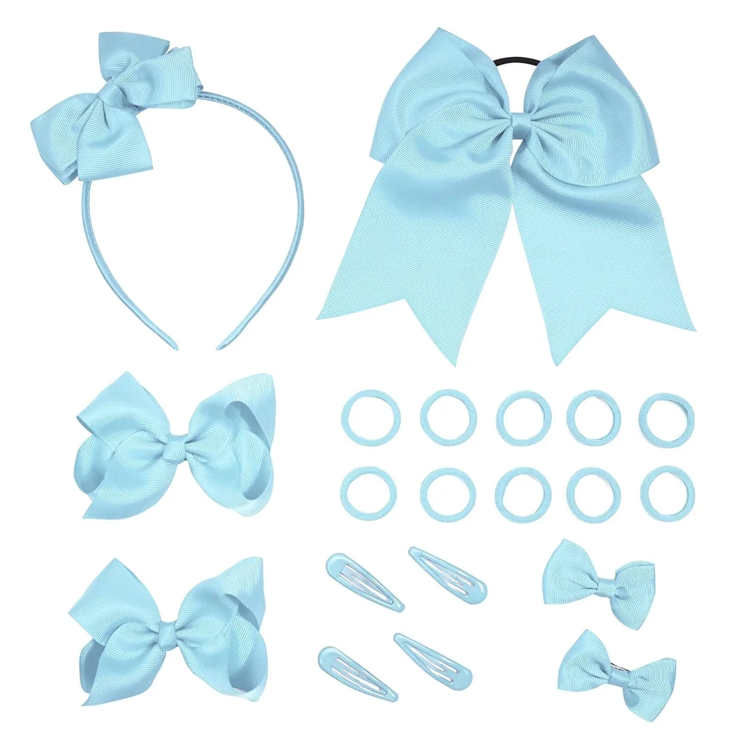 This bow hair accessories set includes a headband, hair tie, various hair clips, and rubber bands in sky blue, perfect for styling girls' hair.
