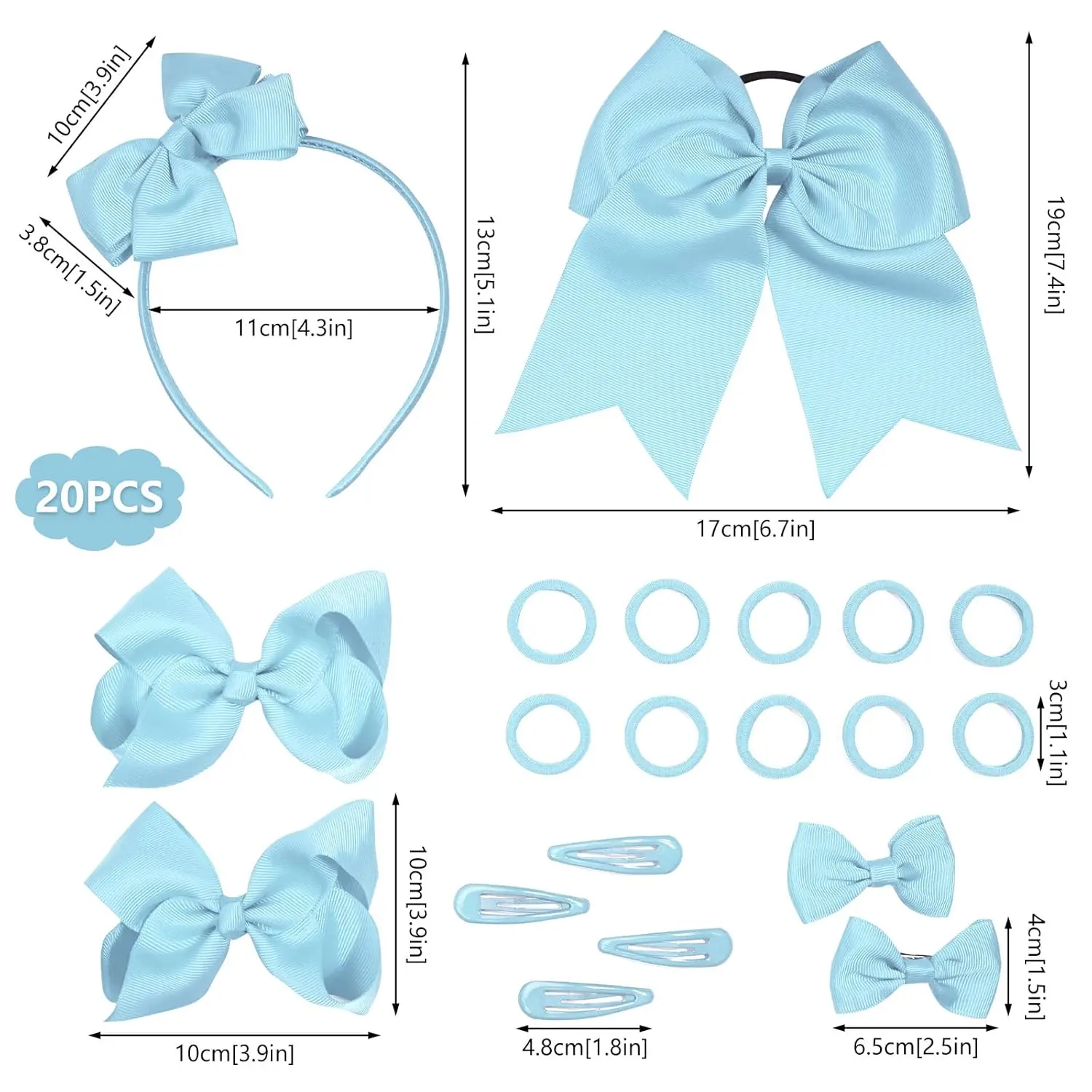 This bow hair accessories set includes a headband, hair tie, various hair clips, and rubber bands in sky blue, perfect for styling girls' hair.