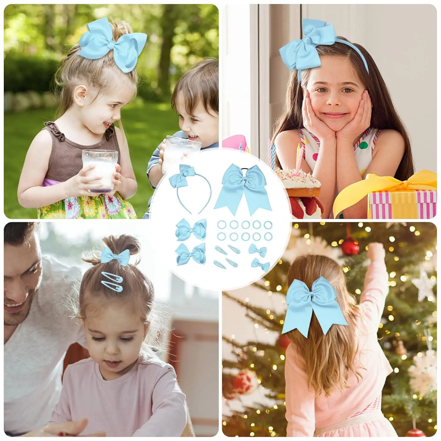 This bow hair accessories set includes a headband, hair tie, various hair clips, and rubber bands in sky blue, perfect for styling girls' hair.