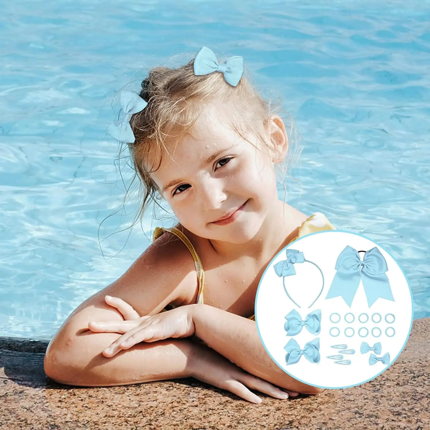This bow hair accessories set includes a headband, hair tie, various hair clips, and rubber bands in sky blue, perfect for styling girls' hair.